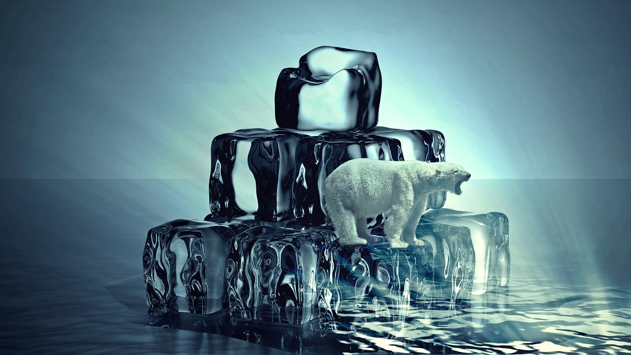 Collage mit Eisbär auf schmeldender Eiswürfelpyramide.
